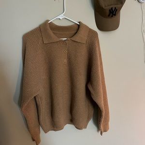 Waffle knit women’s sweater || A cute collar || Tan || XL